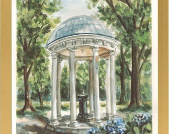 Láminas de acuarela de UNC Chapel Hill / Paisajes del campus, pozo antiguo, campanario (9x12) / Decoración pintada para dormitorios