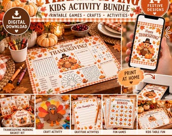 May include: A Thanksgiving kids activity bundle featuring 14 printable designs including games, crafts, and activities. The set includes word searches, mazes, bingo cards, and gratitude sheets decorated with autumn leaves, pumpkins, and turkeys.