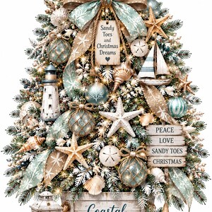 Puede incluir: Un &aacute;rbol de Navidad decorado con adornos costeros que incluyen estrellas de mar, conchas, un faro y un velero. Incluye un letrero que dice Sandy Toes and Christmas Dreams, otro con PEACE LOVE SANDY TOES CHRISTMAS y una base con Coastal CHRISTMAS.