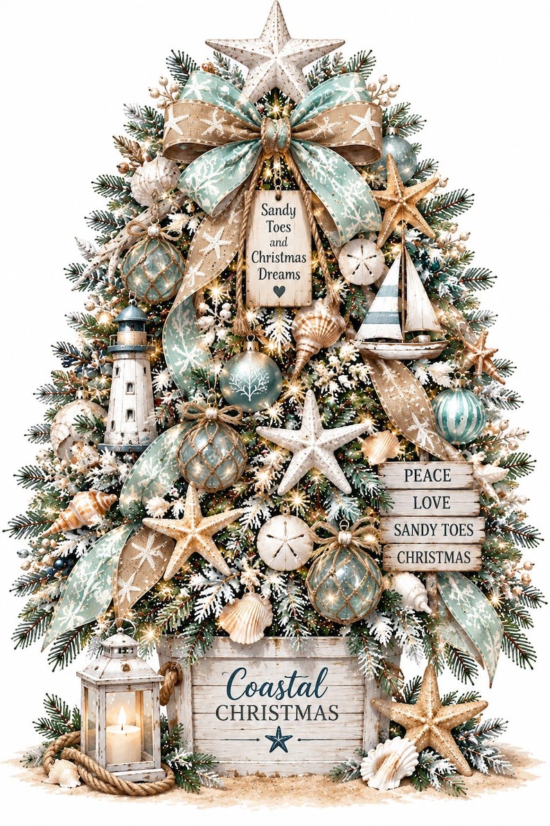 Puede incluir: Un &aacute;rbol de Navidad decorado con adornos costeros que incluyen estrellas de mar, conchas, un faro y un velero. Incluye un letrero que dice Sandy Toes and Christmas Dreams, otro con PEACE LOVE SANDY TOES CHRISTMAS y una base con Coastal CHRISTMAS.