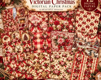 May include: A digital paper pack featuring 12 Victorian Christmas designs with red and gold color palettes. Patterns include festive ornaments, bows, roses, winter landscapes, and plaid motifs. The collection is labeled as Victorian Christmas Digital Paper Pack with 12 beautiful designs and 12 digital papers.