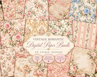 May include: A digital paper bundle featuring twelve designs with floral patterns, pink roses, lace textures, ribbons, and vintage motifs. The central label displays the text VINTAGE ROMANTIC Digital Paper Bundle, 12 UNIQUE DESIGNS, PNG FILES, DIGITAL DOWNLOAD, INSTANT DOWNLOAD.