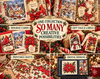 May include: A collection of Christmas-themed craft supplies including scrapbooks, junk journals, holiday cards, gift tags, and printable crafts. The central text reads: One Collection So Many Creative Possibilities. Digital designs are shown on a laptop.