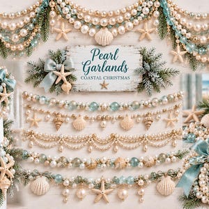 Puede incluir: Una colecci&oacute;n de guirnaldas navide&ntilde;as costeras con perlas artificiales color crema, cuentas de vidrio azul claro y detalles de estrellas de mar y conchas naturales. Incluye un letrero con el texto Pearl Garlands Coastal Christmas.