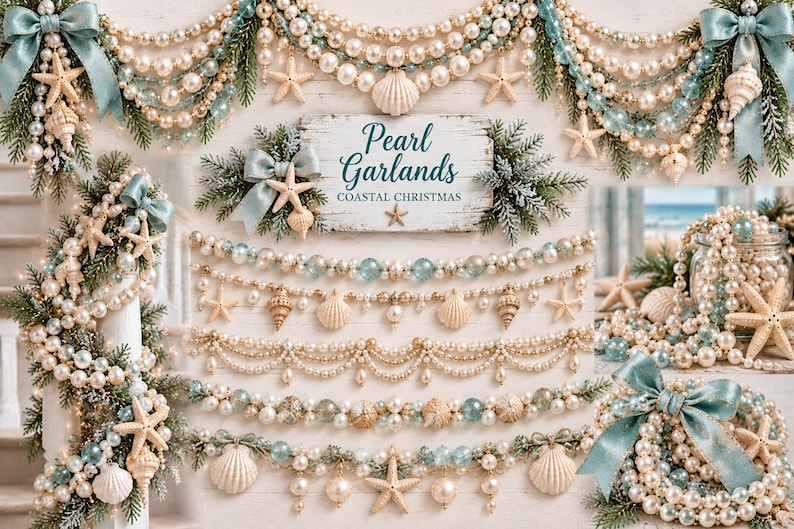 Puede incluir: Una colecci&oacute;n de guirnaldas navide&ntilde;as costeras con perlas artificiales color crema, cuentas de vidrio azul claro y detalles de estrellas de mar y conchas naturales. Incluye un letrero con el texto Pearl Garlands Coastal Christmas.
