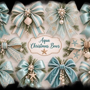 Puede incluir: Una colecci&oacute;n de diez lazos decorativos en tonos aqua, turquesa y crema, con elementos costeros como estrellas de mar, conchas, perlas y ramas de pino. Una etiqueta central muestra el texto Aqua Christmas Bows con un icono de estrella de mar.