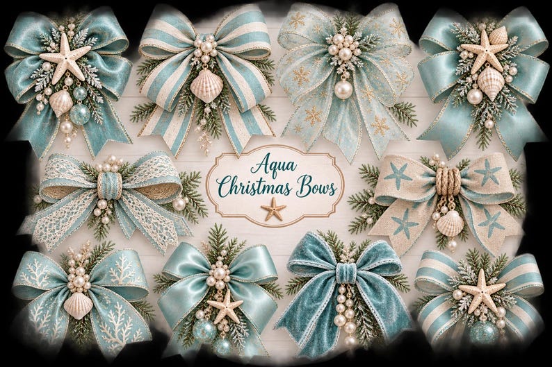 Puede incluir: Una colecci&oacute;n de diez lazos decorativos en tonos aqua, turquesa y crema, con elementos costeros como estrellas de mar, conchas, perlas y ramas de pino. Una etiqueta central muestra el texto Aqua Christmas Bows con un icono de estrella de mar.
