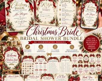 May include: A Christmas-themed bridal shower stationery bundle featuring 14 coordinated designs with red bows, pine branches, and gold accents. The set includes invitations, RSVP cards, games, and signs with text like Christmas Bride.
