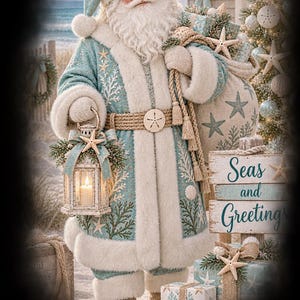 Puede incluir: Una figura de Santa Claus vestida con un abrigo verde azulado con ribete de piel sint&eacute;tica blanca, decorado con patrones de estrellas de mar y coral. Santa sostiene una linterna encendida y un saco de regalos. Un letrero de madera dice Seas and Greetings.