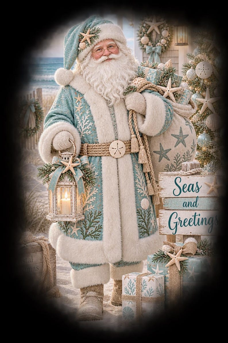 Puede incluir: Una figura de Santa Claus vestida con un abrigo verde azulado con ribete de piel sint&eacute;tica blanca, decorado con patrones de estrellas de mar y coral. Santa sostiene una linterna encendida y un saco de regalos. Un letrero de madera dice Seas and Greetings.