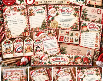 May include: A Santa letter writing kit printable bundle featuring 13 designs including Dear Santa letters, wish lists, Nice List certificates, gift tags, and envelopes with festive illustrations of Santa, reindeer, and elves.