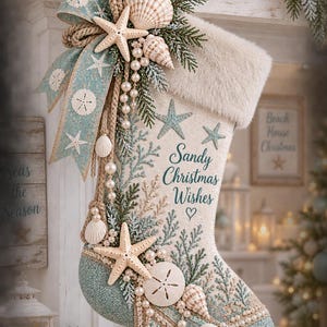 Puede incluir: Un calcet&iacute;n navide&ntilde;o color crema con borde de piel sint&eacute;tica, decorado con cinta azul verdoso, estrellas de mar, conchas y perlas. Incluye ramas de pino bordadas y el texto Sandy Christmas Wishes junto a un s&iacute;mbolo de coraz&oacute;n.