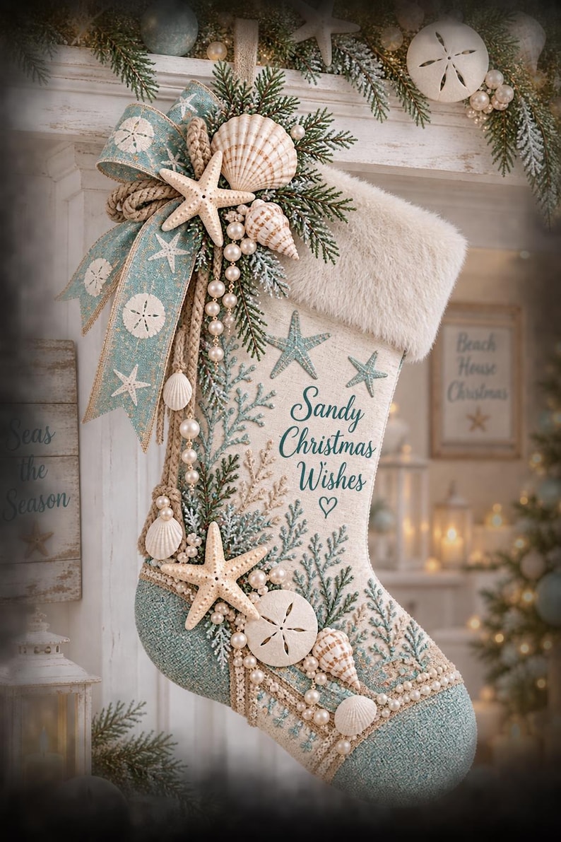 Puede incluir: Un calcet&iacute;n navide&ntilde;o color crema con borde de piel sint&eacute;tica, decorado con cinta azul verdoso, estrellas de mar, conchas y perlas. Incluye ramas de pino bordadas y el texto Sandy Christmas Wishes junto a un s&iacute;mbolo de coraz&oacute;n.