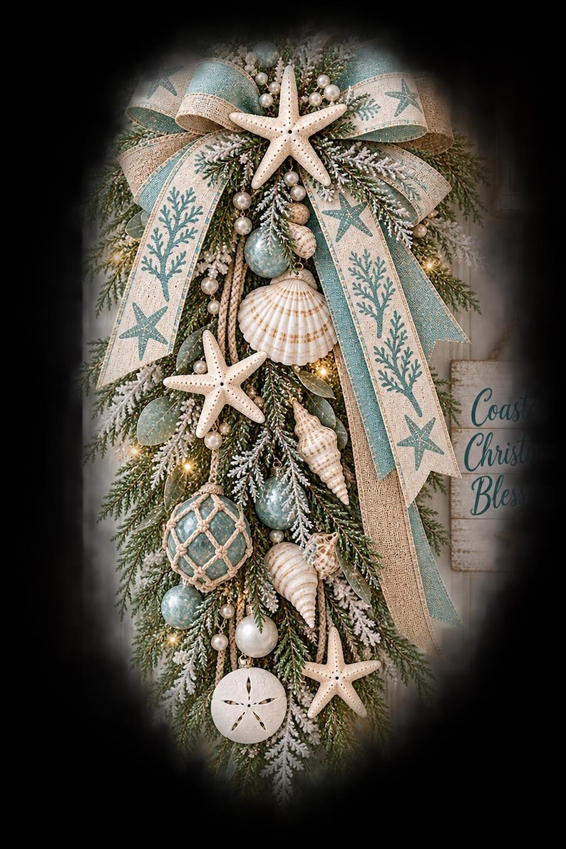 Puede incluir: Un adorno en forma de l&aacute;grima con tem&aacute;tica costera que incluye ramas de pino nevadas, cinta azul claro y arpillera con estampados de coral y estrellas de mar, estrellas de mar blancas, conchas, perlas y adornos de cristal azul claro.