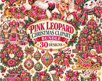 May include: A digital collection of 30 Christmas-themed illustrations featuring Santa Claus, Mrs. Claus, a reindeer, a snowman, a gingerbread house, a decorated tree, ornaments, a pink truck, and gifts, all accented with pink leopard print.