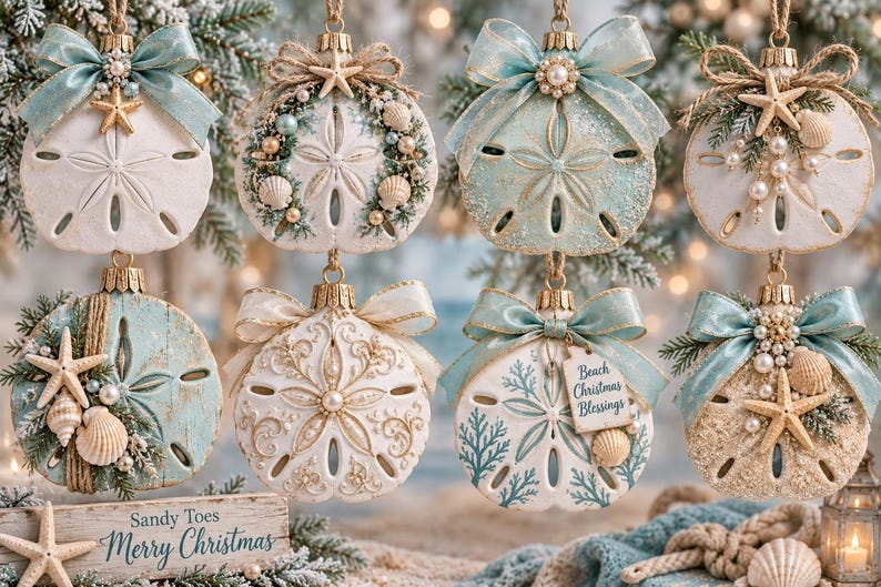 Puede incluir: Una colecci&oacute;n de ocho adornos redondos de d&oacute;lares de arena con decoraciones costeras que incluyen estrellas de mar, conchas, perlas y cintas azul claro. Un adorno muestra el texto Beach Christmas Blessings y un letrero de madera dice Sandy Toes Merry Christmas.