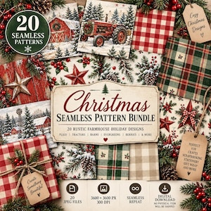 Puede incluir: Una colección digital de 20 patrones navideños sin costuras con diseños de granja rústicos que incluyen graneros rojos, tractores, árboles de hoja perenne, cuadros y bayas. El paquete incluye archivos JPEG de 3600 x 3600 px.