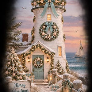 Puede incluir: Un faro blanco decorado para las fiestas con lazos color cerceta, estrellas de mar y coronas. Un letrero en primer plano dice Merry Christmas. Una escena nevada con un &aacute;rbol decorado, un velero en el oc&eacute;ano y luces c&aacute;lidas.
