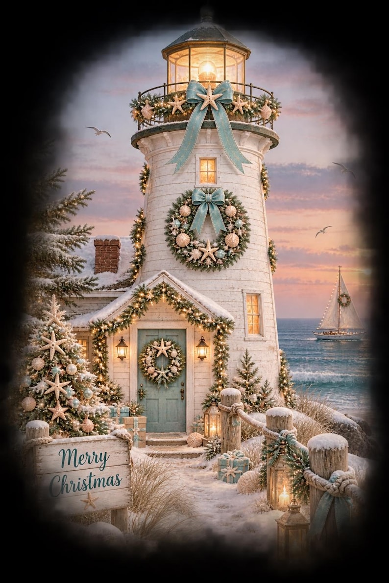 Puede incluir: Un faro blanco decorado para las fiestas con lazos color cerceta, estrellas de mar y coronas. Un letrero en primer plano dice Merry Christmas. Una escena nevada con un &aacute;rbol decorado, un velero en el oc&eacute;ano y luces c&aacute;lidas.