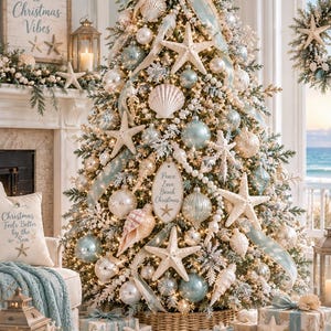 Puede incluir: Un &aacute;rbol de Navidad decorado con tem&aacute;tica costera, con estrellas de mar, conchas, adornos azul claro y blancos, y cintas. Un letrero ovalado dice Peace Love Beach Christmas. Regalos envueltos con detalles de estrellas de mar descansan en una cesta.
