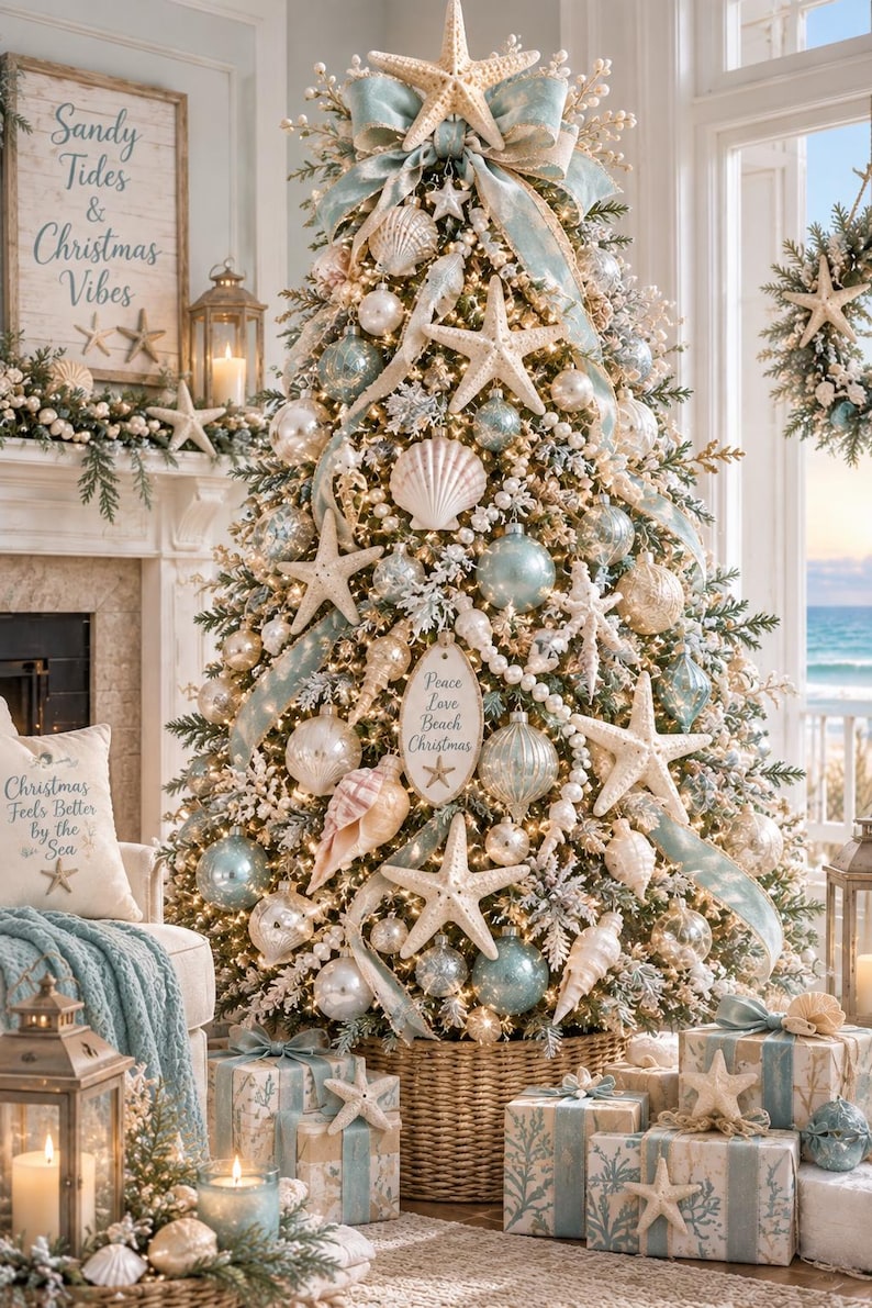 Puede incluir: Un &aacute;rbol de Navidad decorado con tem&aacute;tica costera, con estrellas de mar, conchas, adornos azul claro y blancos, y cintas. Un letrero ovalado dice Peace Love Beach Christmas. Regalos envueltos con detalles de estrellas de mar descansan en una cesta.