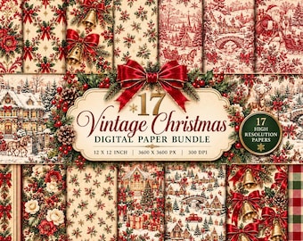 May include: A digital paper bundle featuring 17 vintage Christmas patterns with red, green, and cream color palettes. Designs include snowy landscapes, Santa, sleighs, bells, holly, and plaid. Text reads 17 Vintage Christmas DIGITAL PAPER BUNDLE.