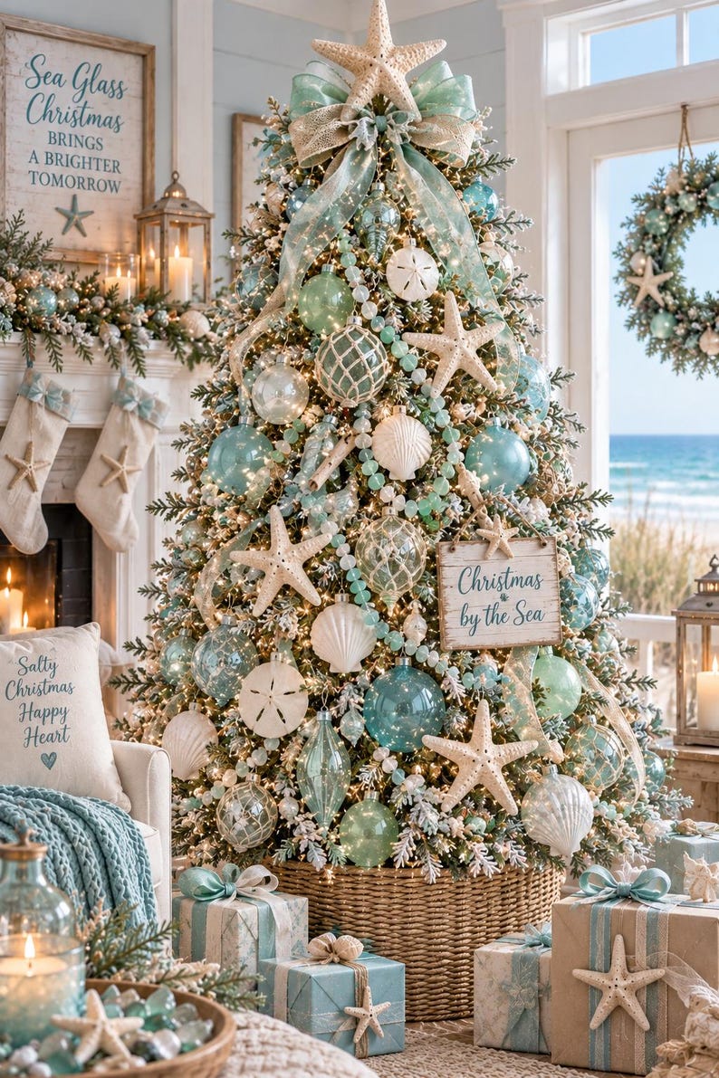 Puede incluir: Un &aacute;rbol de Navidad decorado con adornos de cristal azul claro y transparente, estrellas de mar blancas, d&oacute;lares de arena y cuentas marinas. Un letrero de madera dice Christmas by the Sea. La punta tiene una estrella de mar grande.