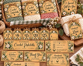 May include: A collection of crochet dishcloths in green, cream, and pink, packaged with floral-themed paper bands and gift tags. The set includes various labels with text such as Crochet Dishcloths, A Special Gift for You, and Handmade with Love.