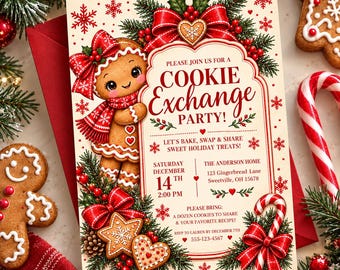 May include: A rectangular invitation card for a Cookie Exchange Party featuring a gingerbread person, red bows, pine branches, and candy canes. The text reads: Please join us for a Cookie Exchange Party! Let's bake, swap & share sweet holiday treats!