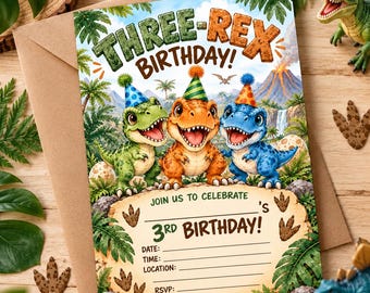 May include: A birthday invitation card featuring three cartoon dinosaurs wearing party hats. The text reads THREE-REX BIRTHDAY! JOIN US TO CELEBRATE 3RD BIRTHDAY! with blank lines for date, time, location, and RSVP. The background shows a volcano.