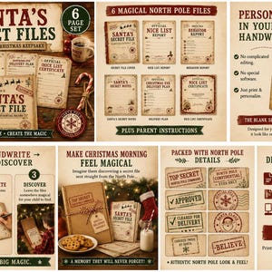May include: A set of six printable Santa's Secret Files featuring vintage-style Christmas documents, including a Nice List Report, Behaviour Report, and Delivery Plan. These digital files are designed for personalisation by hand to create authentic North Pole records for children.