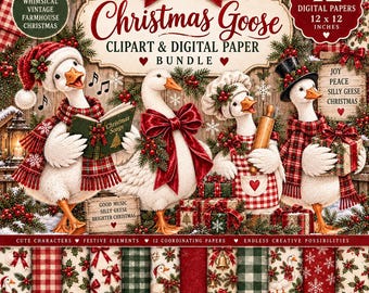 May include: A digital bundle featuring The Christmas Goose clipart and 12 digital papers measuring 12 x 12 inches. The image displays four geese in festive attire, including scarves, hats, and bows, surrounded by Christmas gifts and greenery.