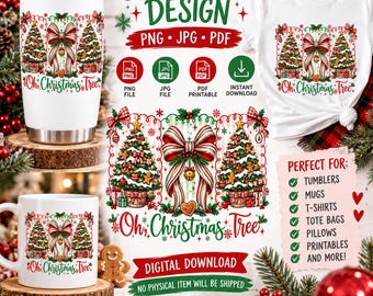 May include: A digital sublimation design featuring two decorated Christmas trees flanking a large red and white striped bow, with the text Oh, Christmas Tree in red and green script. The design is displayed on a white tumbler and a white t-shirt.
