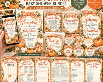 May include: A Little Pumpkin baby shower bundle featuring 12 coordinating designs with orange gingham bows, white daisies, and pumpkins. Includes an invitation, games, favor tags, and signs with text like Little Pumpkin is on the way.