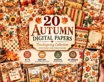 May include: A collection of 20 autumn digital papers featuring Thanksgiving themes, including pumpkins, fall leaves, sunflowers, and rustic barns. The set includes 8x8 inch files at 300 DPI, available for digital download, showcasing various patterns.