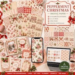 Puede incluir: Una colección de papel digital titulada Peppermint Christmas con 20 patrones sin costuras de bastones de caramelo rojos y blancos, acebo y motivos festivos. El set incluye archivos JPEG de 30,48 x 30,48 cm para descarga digital en móvil y portátil.