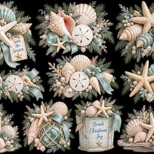 Puede incluir: Una colecci&oacute;n de ilustraciones digitales con tem&aacute;tica navide&ntilde;a costera que incluye conchas marinas, estrellas de mar, d&oacute;lares de arena, ramas de pino y cintas azul claro. Algunos arreglos incluyen una linterna, un cubo con el texto Beach Christmas Joy y etiquetas con el texto Seas the Season y Coastal Christmas Blessings.