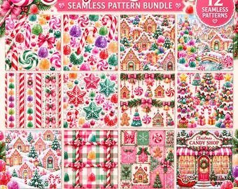May include: A digital collection of 12 seamless patterns titled Candyland Christmas, featuring gingerbread houses, candy canes, gumdrops, and holiday decorations in vibrant red, green, and white colors for festive crafting projects.