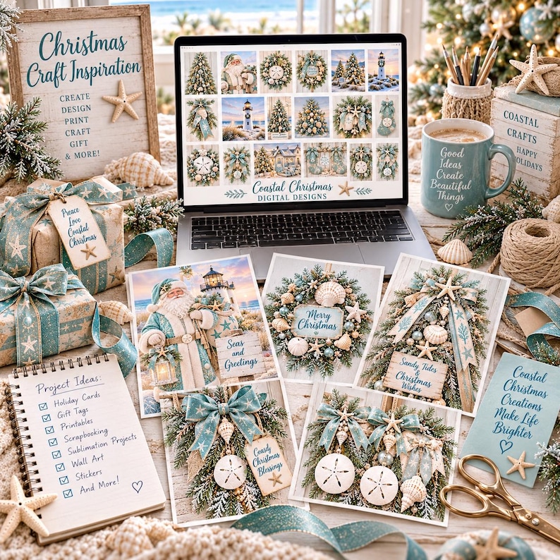 Puede incluir: Un port&aacute;til con dise&ntilde;os digitales de Navidad costera rodeado de suministros de manualidades, incluyendo un cuaderno con ideas de proyectos, cajas de regalo, una taza azul y tarjetas impresas con Santa, faros y coronas.