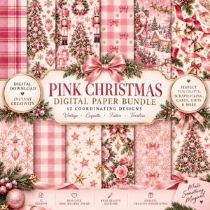 Puede incluir: Un paquete de papel digital con doce diseños coordinados con temática navideña rosa. Los patrones incluyen cascanueces, árboles de Navidad, cuadros, lazos, copos de nieve, estrellas y escenas invernales con el texto PINK CHRISTMAS DIGITAL PAPER BUNDLE.