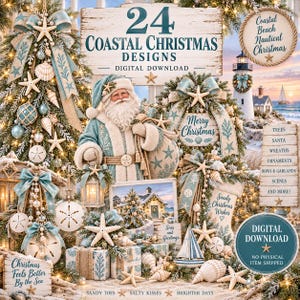 Puede incluir: Una colecci&oacute;n de descarga digital con 24 dise&ntilde;os navide&ntilde;os costeros que incluyen a Santa Claus con traje azul claro, &aacute;rboles decorados, coronas, adornos y elementos n&aacute;uticos como conchas y estrellas de mar sobre un fondo de playa.