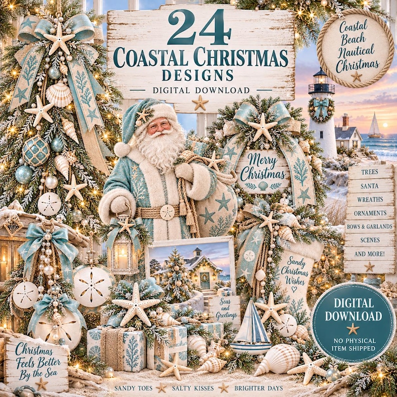 Puede incluir: Una colecci&oacute;n de descarga digital con 24 dise&ntilde;os navide&ntilde;os costeros que incluyen a Santa Claus con traje azul claro, &aacute;rboles decorados, coronas, adornos y elementos n&aacute;uticos como conchas y estrellas de mar sobre un fondo de playa.