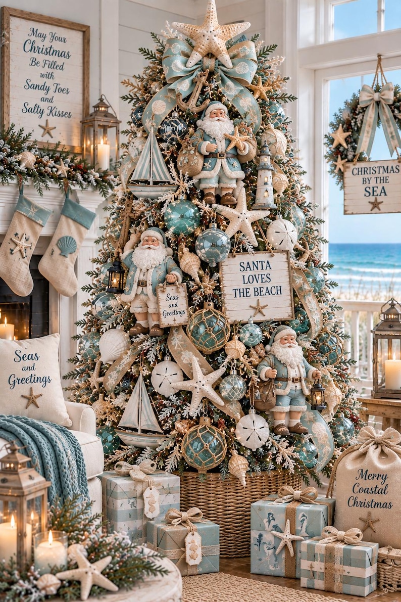 Puede incluir: Un &aacute;rbol de Navidad decorado con tem&aacute;tica costera, con adornos azules y blancos, estrellas de mar, veleros y figuras de Santa Claus con vestimenta azul. El &aacute;rbol est&aacute; adornado con cintas, esferas de vidrio envueltas en redes y letreros de Santa Loves The Beach.