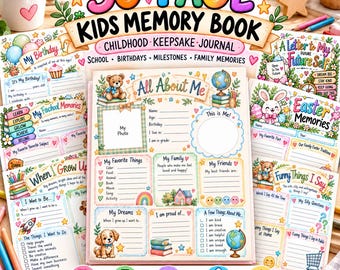 May include: A 30-page kids memory book childhood keepsake journal with colorful illustrations. The pages feature sections for school, birthdays, milestones, and family memories, including prompts like All About Me, My Favorite Things, and My Dreams.