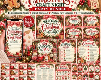 May include: A Christmas craft night party bundle featuring 13 coordinating digital designs. Includes a 5x7 inch invitation, welcome sign, hot cocoa bar sign, agenda, ornament instructions, trivia game, bingo card, and gift tags with festive graphics.