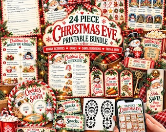 May include: A 24-piece Christmas Eve printable bundle featuring various holiday-themed activities, games, and decorations. The collection includes a letter to Santa, scavenger hunts, bingo, a checklist, gift tags, and a cookie plate design.