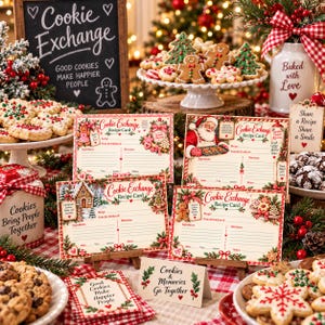 Puede incluir: Una colección de tarjetas de recetas rectangulares de papel para intercambio de galletas con ilustraciones festivas, incluyendo hombres de jengibre, casas decoradas y Santa Claus, con líneas impresas para ingredientes y direcciones.
