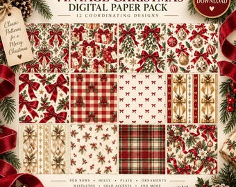 May include: A digital paper pack featuring 12 Christmas-themed designs with red bows, holly, mistletoe, plaid patterns, and gold accents. The collection includes illustrations of gift boxes, ornaments, and ribbons on a cream-colored background.
