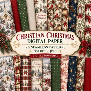 Puede incluir: Una colección de 20 patrones de papel digital sin costuras con temas navideños que incluyen iglesias, paisajes nevados, cardenales rojos, linternas, campanas, acebo, piñas y partituras con el texto Christian Christmas Digital Paper.