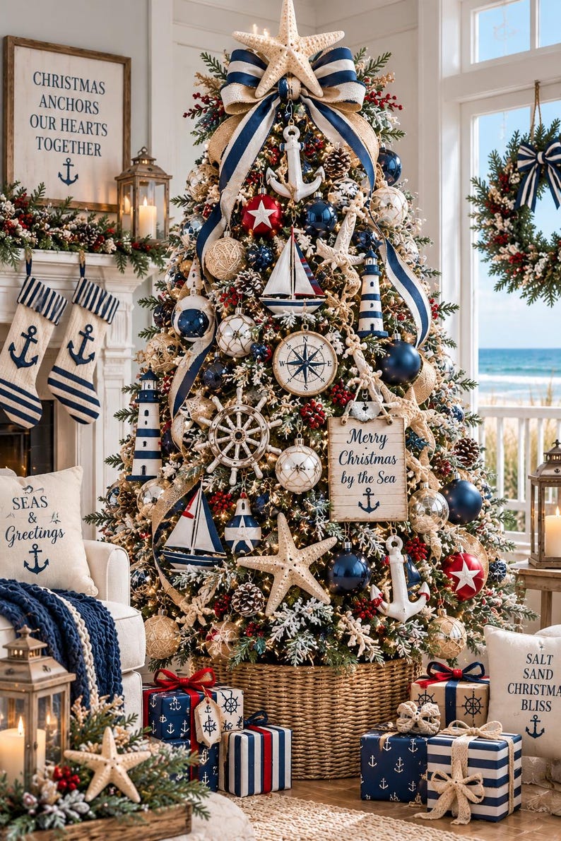 Puede incluir: Un &aacute;rbol de Navidad decorado con adornos n&aacute;uticos que incluyen anclas, veleros, faros, estrellas de mar y una br&uacute;jula. El &aacute;rbol presenta cintas a rayas azules y blancas, esferas azul marino y plateadas, y un letrero que dice Merry Christmas by the Sea.